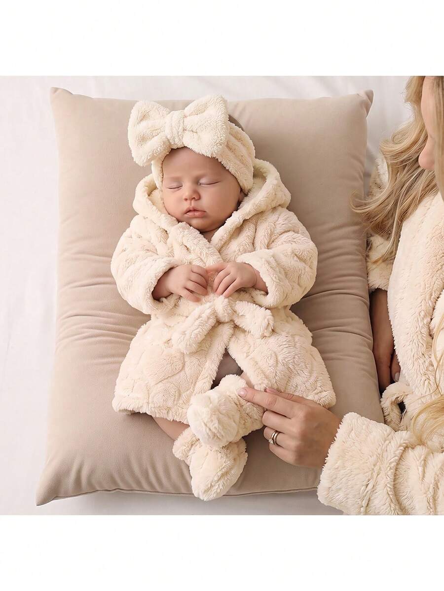 SHEIN Newborn Baby Winter Comfortable Long Sleeve Hooded Robe Loungewear - Beige - View 1