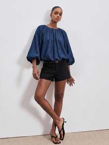 ATUI Studio Women's Solid Color Fashion French Casual Versatile Pleated Denim Top Brunch Navy Blue Autumn - Dark Wash - View 3