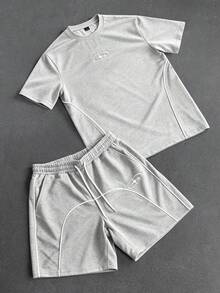 PAVTROS Men's Versatile Embroidered Crew Neck Short Sleeve T-Shirt And Drawstring Waist Pocket Shorts Set - Grey - View 2