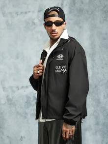 INCRYTM Men's Letter Print Long Sleeve Casual Drawstring Hooded Jacket - Black - View 4
