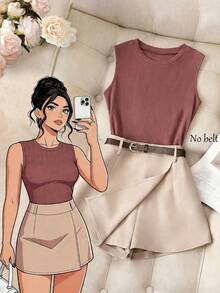 GlowEve CURVE Conjunto de 2 piezas de top de tirantes acanalado de cuello redondo y shorts para mujer de talla grande - Multicolor - Ver 1