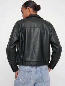 Maija Drop Shoulder Zip Up PU Cropped Leather Jacket In Fall/Winter Black - Black - View 6