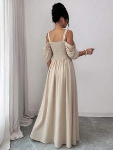 Elenzga Elegant Romantic Exquisite Women's Spaghetti Strap Sexy Off-Shoulder Print A-Line Vacation Dress - Apricot - View 2