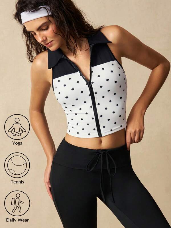 VARSIVA Women's Polka Dot Print Zipper Front Sports Tank Top