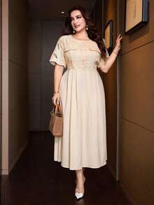 Modelyn Plus Size Women's Elegant Lace Button Dress For Evening Party - Apricot - View 5