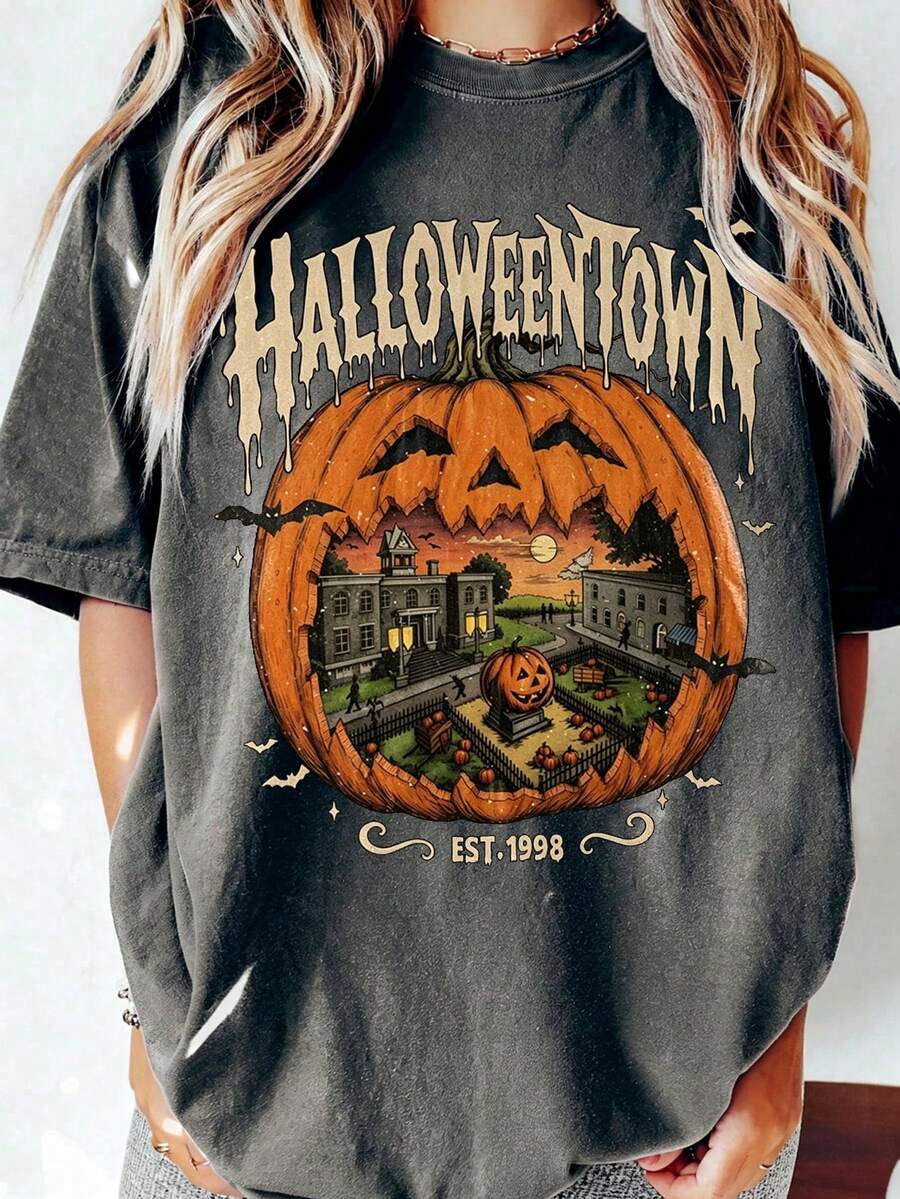 EMERY ROSE Women'S Halloween Fashion Print T-Shirt, Casual Round Neck, All Seasons, Festive Pumpkin Design - Dark Grey - View 1