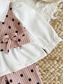 SHEIN 2件組 2026年女嬰新生兒秋季套裝 小翻領袖口拼接色塊 2合1後扣門襟上衣 休閒寬鬆針織長褲 極簡風 - 杏色 - 查看 8