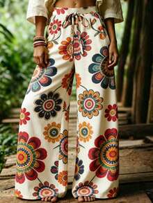 EMERY ROSE Plus Size Women Floral Print Casual Wide Leg Pants, Vacation Style Fall - Multicolor - View 3