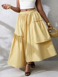 BamGlimmer Falda elegante de moda para mujer con unicolor, volantes y dobladillo asimétrico - Amarillo - Ver 9