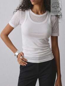 ATUI Studio Women's Faux Two Layer T-Shirt Soft Cotton Stretch Top Everyday Essential For Work Going Out Daytime Travel All White Summer Modest Basic Minimalist - White - View 2