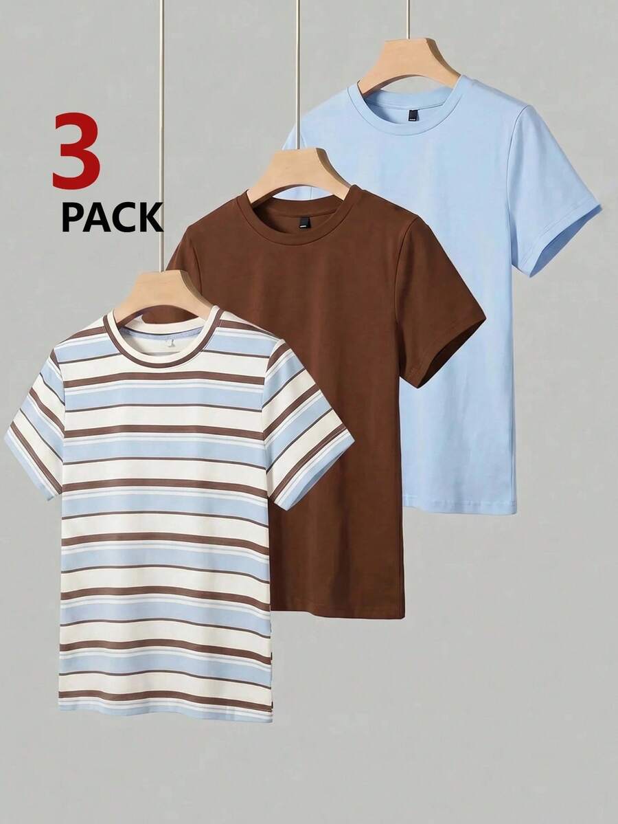 SHEIN BASICS 女款簡約百搭圓領短袖T恤 3件組 日常穿著 - 彩色 - 查看 1