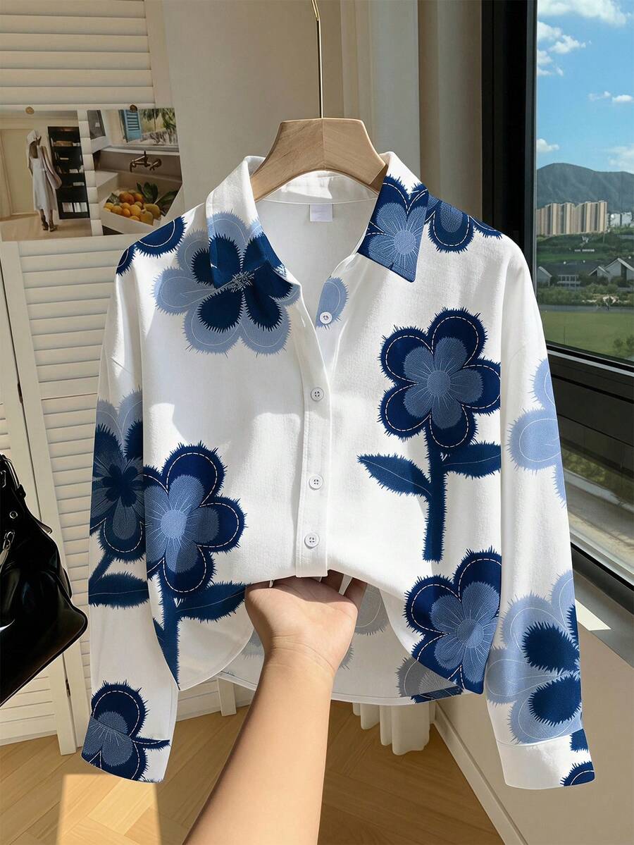 少女白色長袖上衣,仿牛仔花卉數位印花,休閒百搭舒適時尚上衣,適合四季穿著 - 彩色 - 查看 1