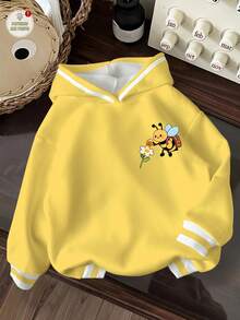 女童休閒簡約可愛蜜蜂圖案，甜美奶油風，蛋黃色，厚實柔軟舒適連帽衛衣，適合秋冬 Y2K，舒適秋冬風格，復古，日系可愛 - 彩色 - 查看 2
