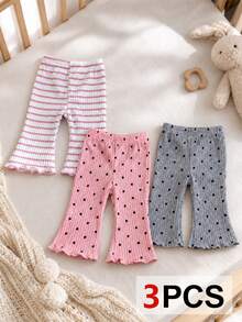 SHEIN Playful Pals 3件組女嬰愛心與條紋印花長褲，簡約時尚，適合外出、日常穿著、派對、上學，春秋舒適款，喇叭褲腿設計 - 彩色 - 查看 3