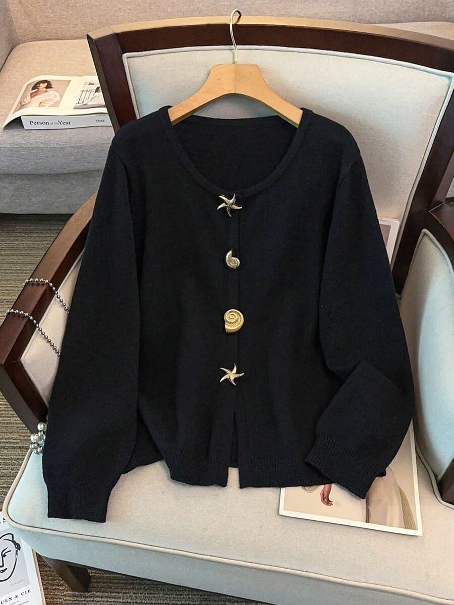 GlowEve CURVE Plus Size Casual Irregular Button Crew Neck Long Sleeve Cardigan Winter - Black - View 1