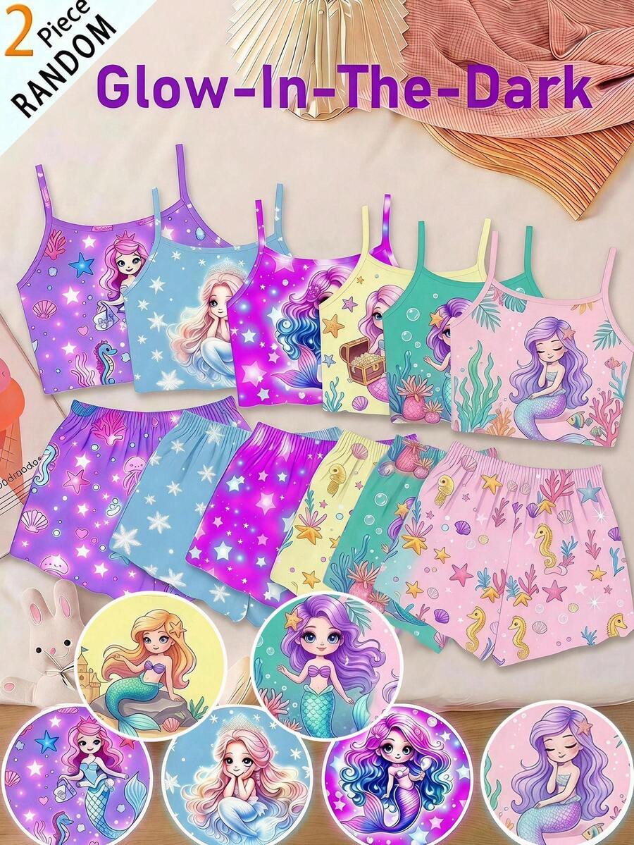 SHEIN Young Girl Cartoon Print Camisole Top And Shorts Loungewear Set