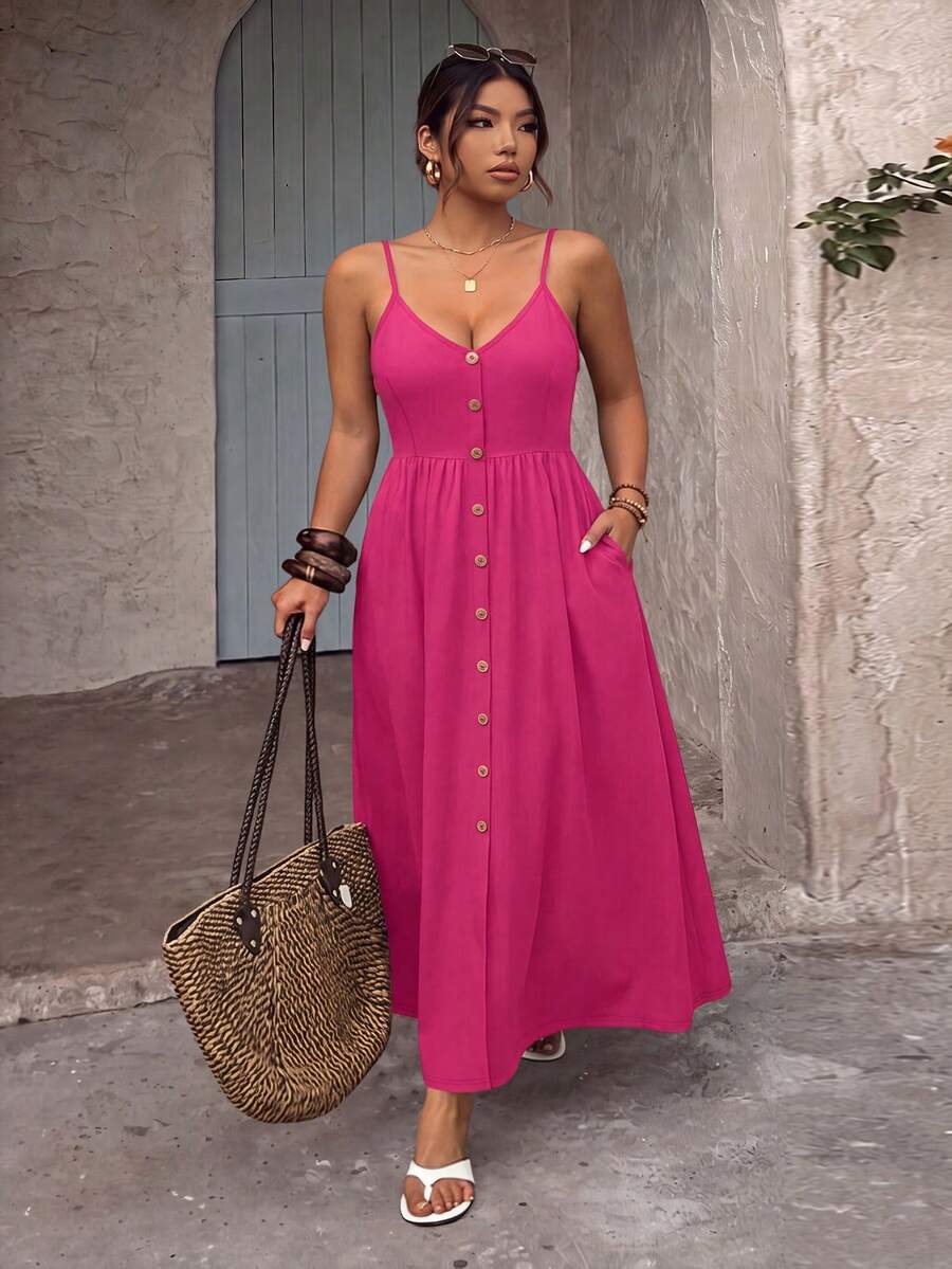 Breezaya Plus Size Women's Solid Color Button Design Pocket Casual Strap Dress For Vacation - Hot Pink - View 1