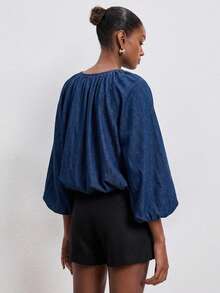 ATUI Studio Women's Solid Color Fashion French Casual Versatile Pleated Denim Top Brunch Navy Blue Autumn - Dark Wash - View 4