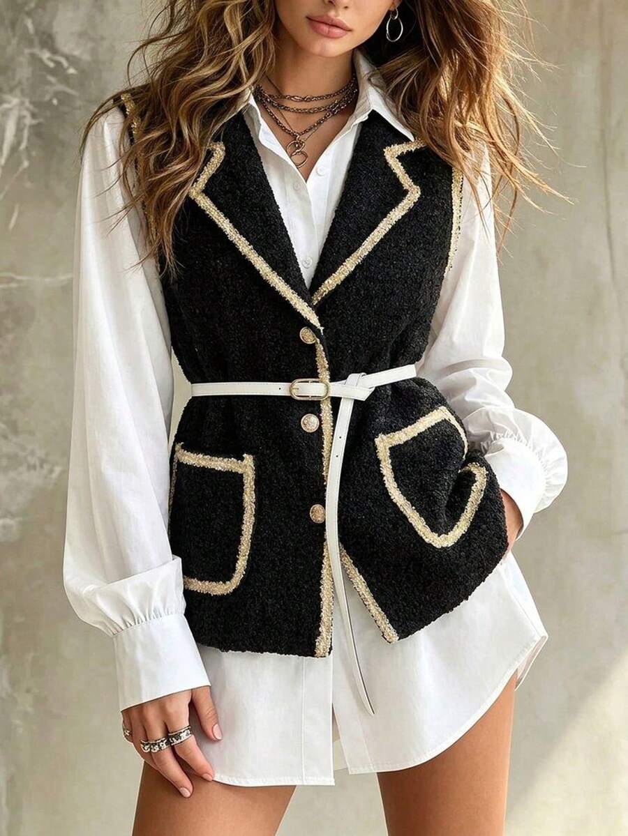 Franclia 優雅通勤風拼色滾邊無袖外套 - 黑色 - 查看 1
