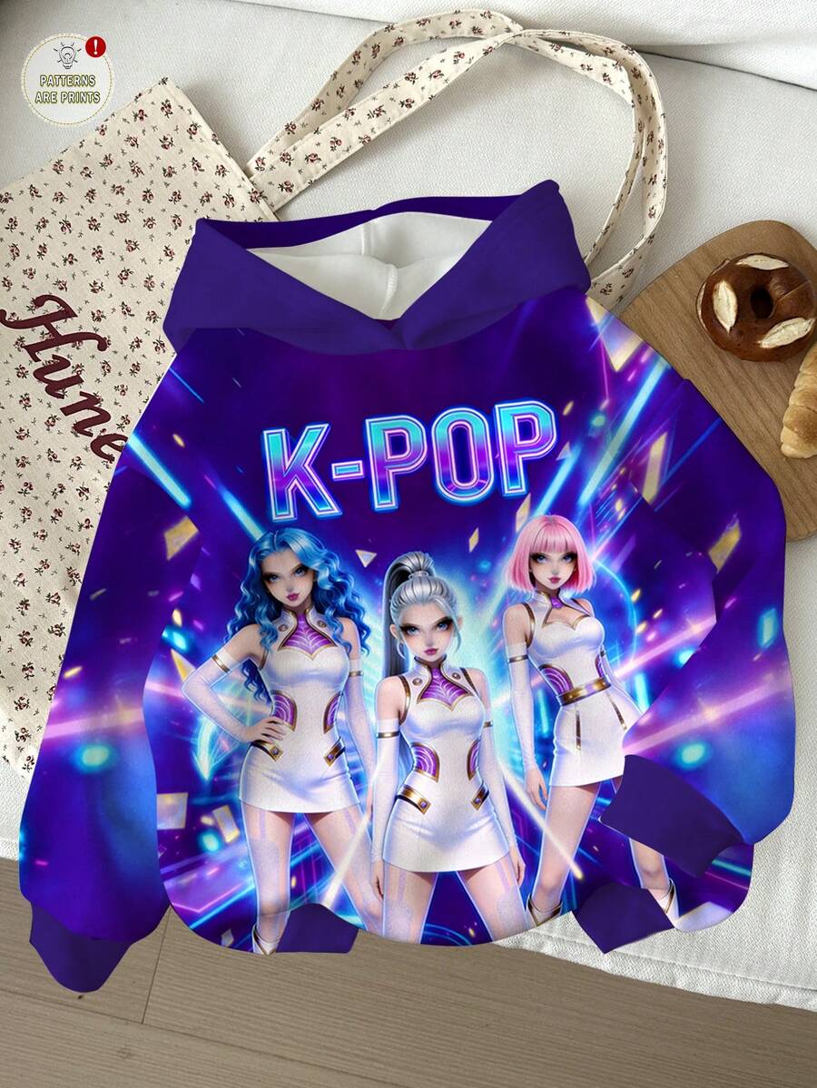 少女休閒可愛卡通女團印花 K-Pop 超級巨星款 厚實柔軟舒適運動衫,適合秋冬穿著 - 彩色 - 查看 1