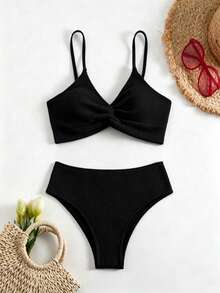 SHEIN Swim 女款黑色細肩帶上衣與短褲泳裝套裝，適合陽光海灘 - 黑色 - 查看 5