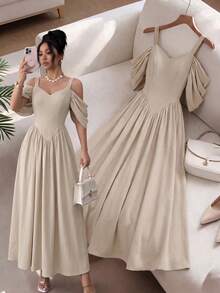 Elenzga Elegant Romantic Exquisite Women's Spaghetti Strap Sexy Off-Shoulder Print A-Line Vacation Dress - Apricot - View 6