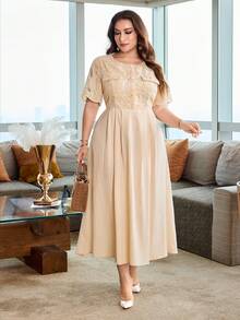 Modelyn Plus Size Women's Elegant Lace Button Dress For Evening Party - Apricot - View 3