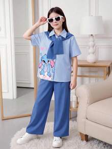 Casuvi Kids 女童超舒適時尚條紋短袖上衣與直筒長褲套裝 - 彩色 - 查看 1