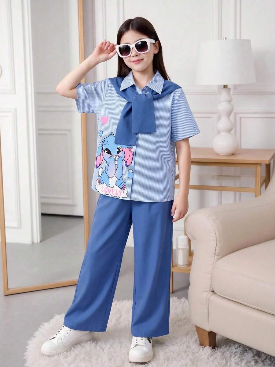 Casuvi Kids 女童超舒適時尚條紋短袖上衣與直筒長褲套裝 - 彩色 - 查看 1