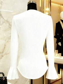 Franclia Women's Basic Minimalist Fashion Turndown Collar Elegant Cardigan, Christmas White Cardigan Sweater Ribbed Shirt Tops For Women Elegant - White - View 2