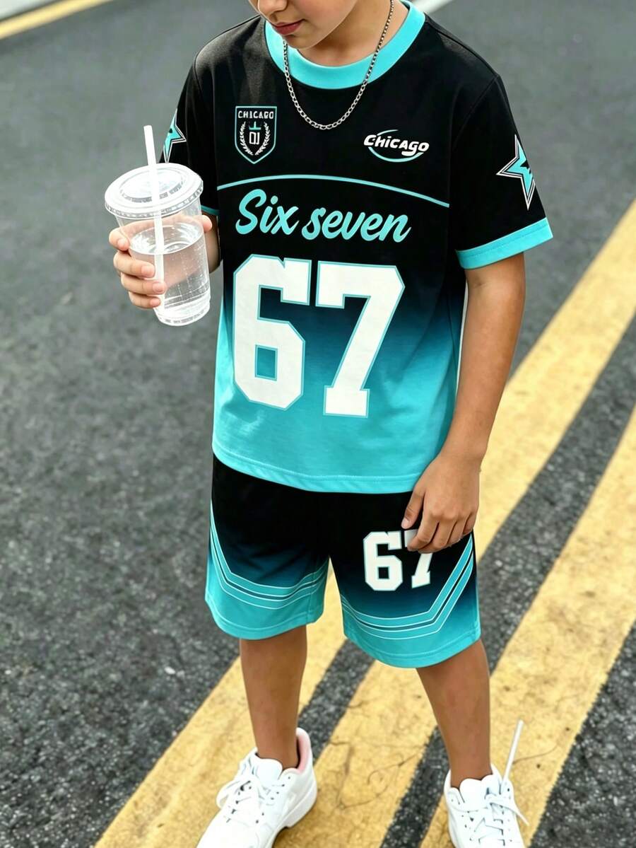Tween Boy Minimalist Design Blue Gradient Crew Neck Short Sleeve T-Shirt & Black And White Striped Pattern Loose Shorts 2-Piece Set,School Clothes - Multicolor - View 1