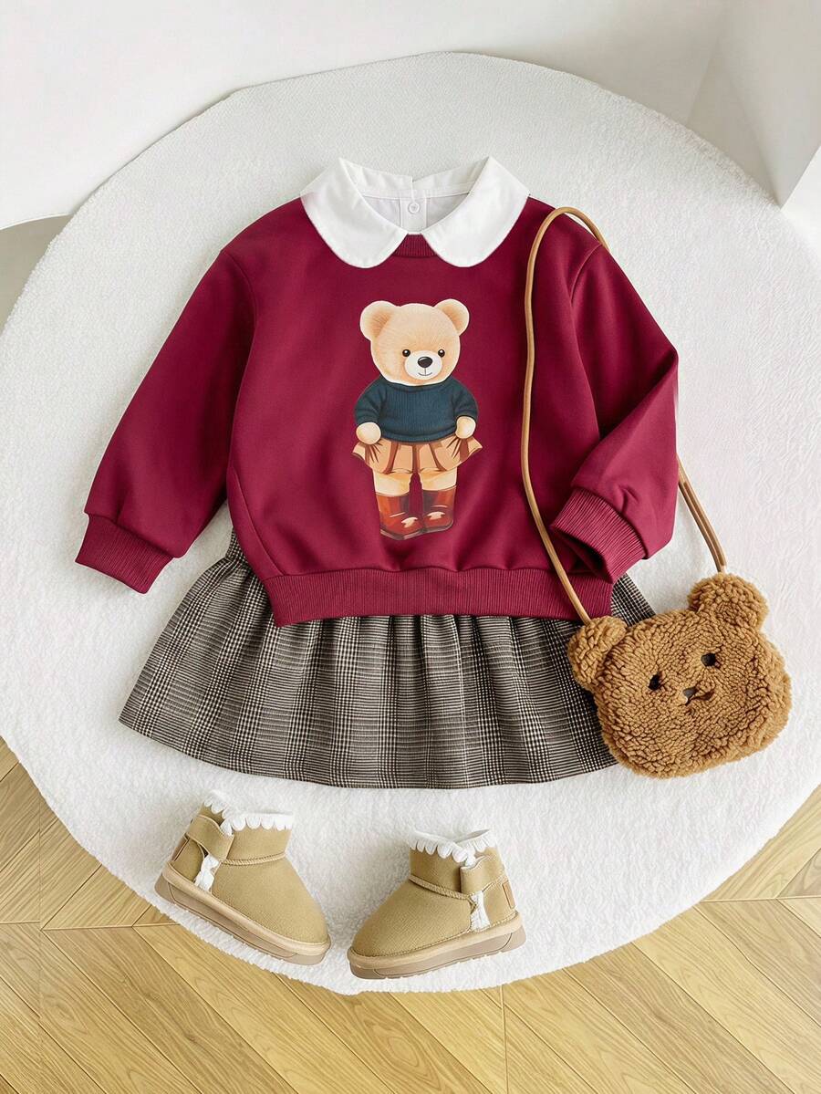 SHEIN 少女女孩 2合1 可愛熊圖案格紋百褶下擺運動衫洋裝,復古風,返校季、職業日、秋冬穿搭,適合大學生 - 紅色 - 查看 1