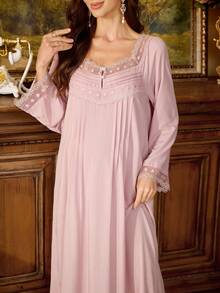 PalaceNights Court Style Loose Square Neck Embroidered Lace Maternity Long Nightgown - Dusty Pink - View 4