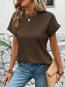 SHEIN LUNE Women's Solid Color Casual Versatile Daily Wear Short Sleeve T-Shirt Travel Dark Brown Summer Travel Vacation Everyday Travel - Coffee Brown - View 5