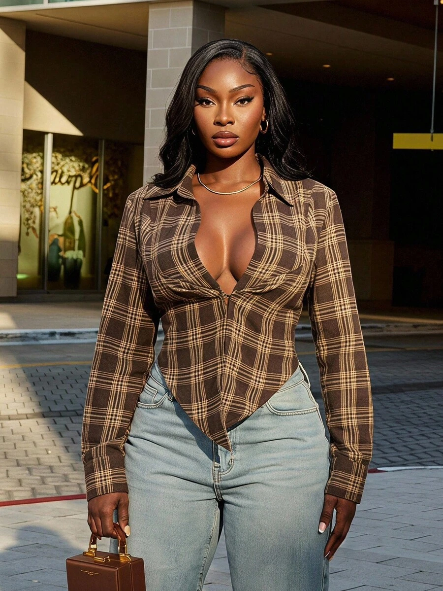 Radiana Curve Plus Size Fashion Plaid Asymmetrical Hem Long Sleeve Shirt Fall - Multicolor - View 1