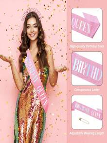 1件裝玫瑰金生日女王披肩搭配水鑽皇冠頭飾，亮片Happy Birthday女款頭帶，派對拍照亭裝飾配件套組 - B-粉紅色 - 查看 4