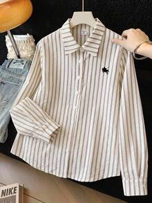 SHEIN Teen Girls Shirt Striped Texture Back To School Blouses Summer White Bow-Tie Peter Pan Collar Preppy Casual, Early Autumn Preppy Style,Versatile - Apricot - View 2