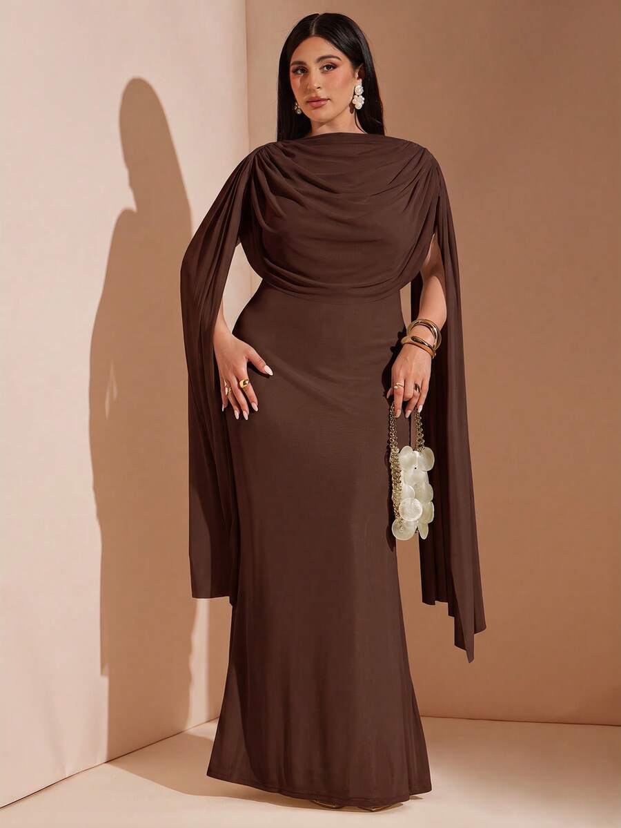 SHEIN BAE CURVE 大尺碼女款優雅百褶蝴蝶結晚宴洋裝 - 棕色 - 查看 1