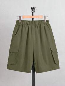 SHEIN Teen Boy Solid Color Casual Versatile Daily Wear Cargo Shorts - Army Green - View 5