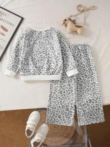 Jungmädchen gestreiftes Strick-Sweatshirt-Set, Lässig, Streetwear, Gepardenmuster, Strickjacke, Pullover, Herbst, Winter, Sport, Alltag, Bequem, Warm, Outfit - Verschiedenfarbig - Übersicht 3