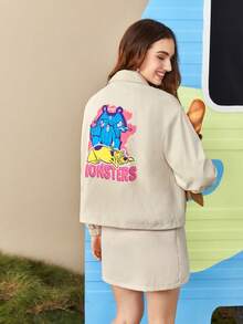 SCOOBY-DOO X SHEIN Letter And Cartoon Graphic Drop Shoulder Drawstring Hem Jacket & Skirt - Apricot - View 4