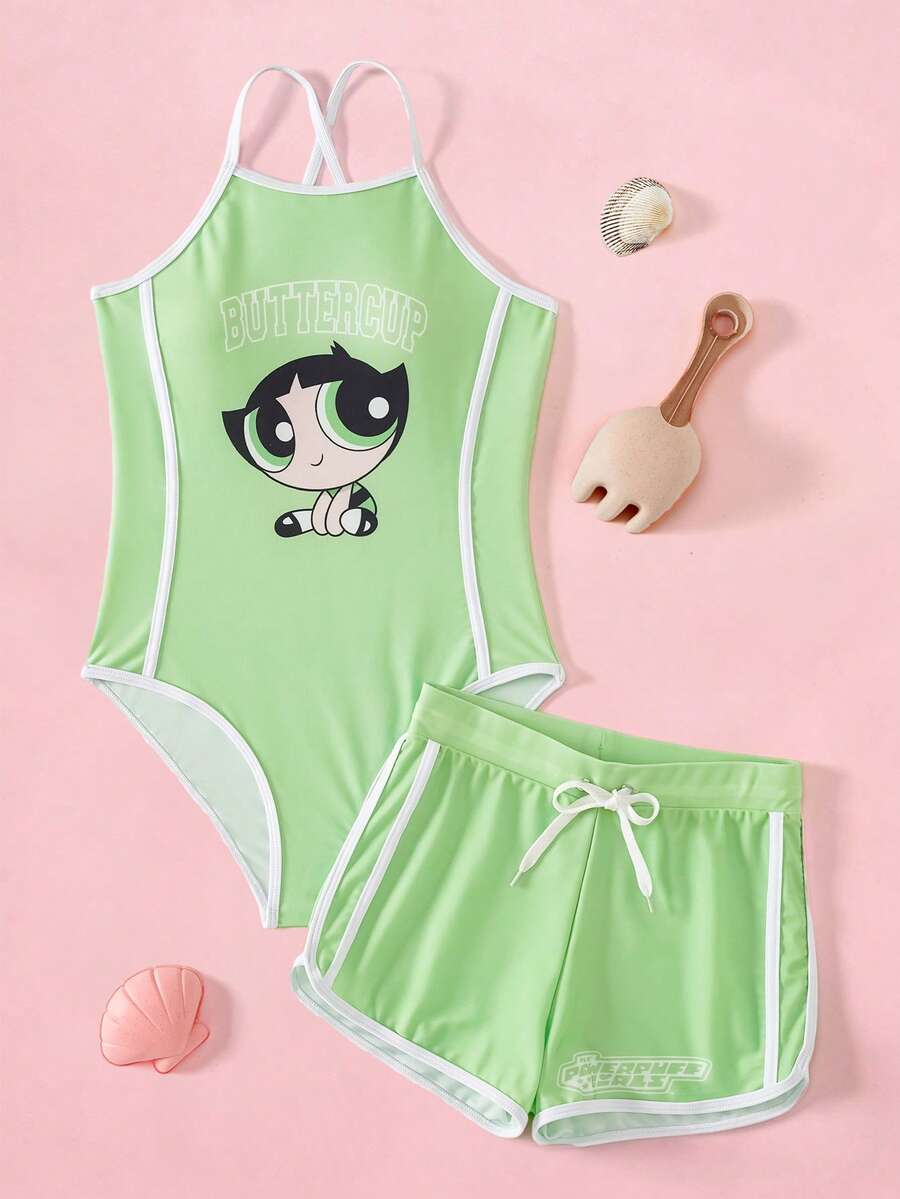 THE POWERPUFF GIRLS X SHEIN 少女字母卡通印花連身泳衣附短褲 - 綠色 - 查看 1