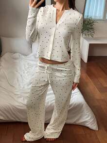 Livesso 女款波點印花上衣與長褲睡衣套裝 秋季居家睡眠穿著 黑白波點 簡約優雅 - 米色 - 查看 3