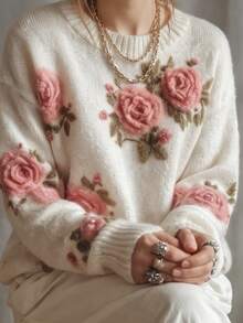 Glimmora Cream White 3D Rose Embroidered French Vintage Soft Style Commuter Pullover Versatile Round Neck Knit Top - White - View 4