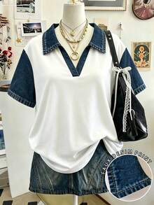 EMERY ROSE Camiseta de manga corta con cuello en V de corte holgado, diseño minimalista y estilo casual, talla grande - Multicolor - Ver 3