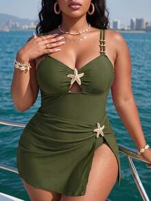 Swim Oasis Maillot de bain une pièce élégant grande taille pour femmes, vacances d'été à la plage, ensemble maillot de bain 2 pièces élégant pour femmes avec décoration perlée, bretelles doubles, contrôle du ventre, maillot de bain une pièce amincissant + jupe fendue polyvalente, maillot de bain marron, maillot de bain étoile de mer pour les vacances - Militaire verte - Voir 4
