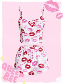 Mean Girls | ROMWE Set Piyama Kasual Wanita: Camisole dan Celana Pendek dengan Motif Logo Bibir di Seluruh Permukaan - Putih - View 1