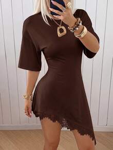 SHEIN EZwear 女款優雅度假風蕾絲拼接不對稱下擺洋裝 - 棕色 - 查看 10