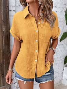 EMERY ROSE Summer Solid Color Single-Breasted Lapel Drop Shoulder Shirt Suitable For Daily Wear - Yellow - View 5