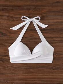 Voyashape Summer Beach Solid Color Halterneck Swimwear Top - White - View 5